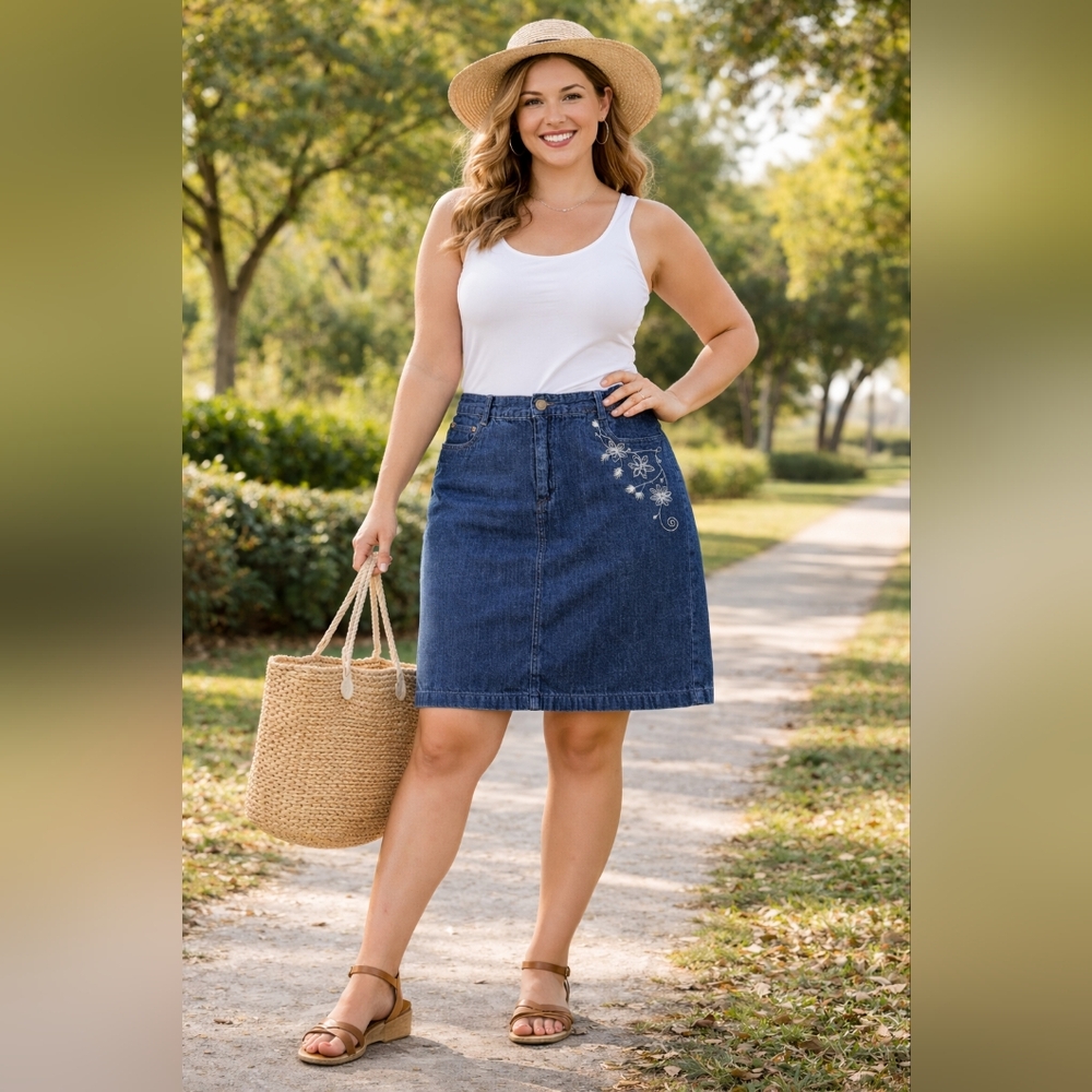 Basic Editions Dark Blue Denim Pencil Skirt with Embroidery For Woman's